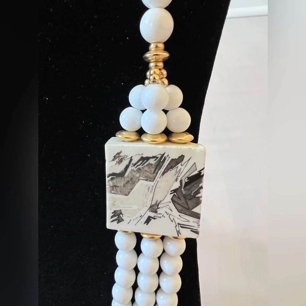 Vintage Japan 3-Strand White Bead and Hand-Painted Ceramic tiles Necklace Signed